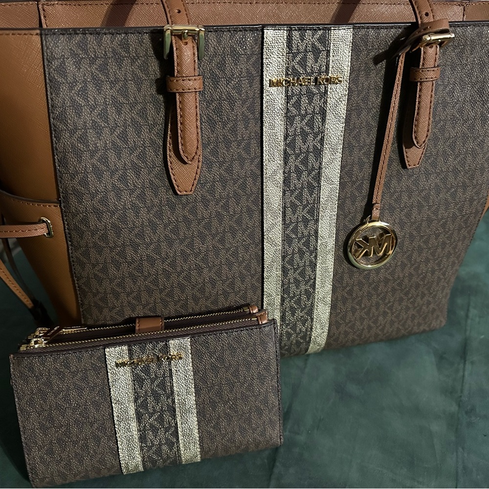 Michael Kors brown tote with matching wallet